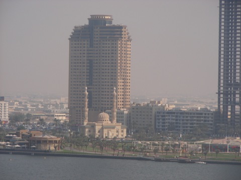 Sharjah Hilton hotel view across Khalid Lagoon