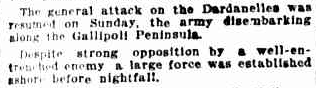 Report of Anzac landing at Gallipoli: Sydney Morning Herald, April 28 1915