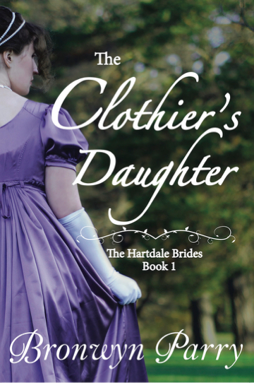 Book cover for The Clothier's Daughter, showing the back of a young woman in a mauve Regency dress and white gloves, against a green leafy background